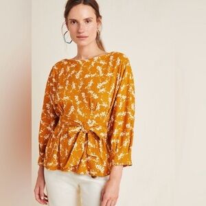 Anthropologie Boho Amber Floral Fields of Gold Dolman Sleeve Belted Blouse